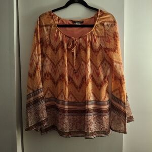 Gloria Lance Women's Boho Orange Multicolor Long Flutter Sleeve Blouse